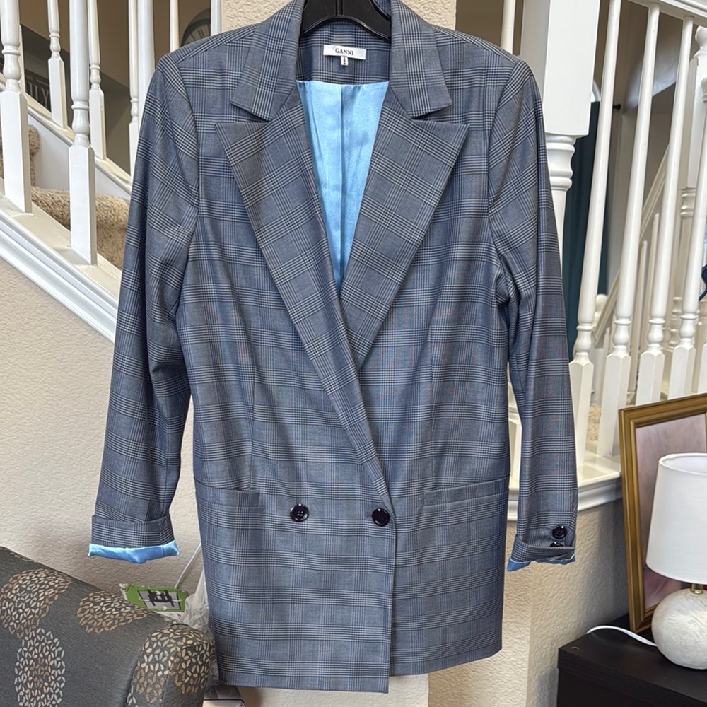 Ganni Blue Gray Plaid Blazer